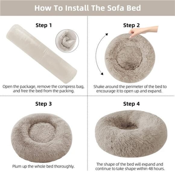 Donut Dog Bed Anti-Anxiety, Self Warming Cozy Soft Plush Round  20"L x 20"W x 8" - Picture 5 of 6